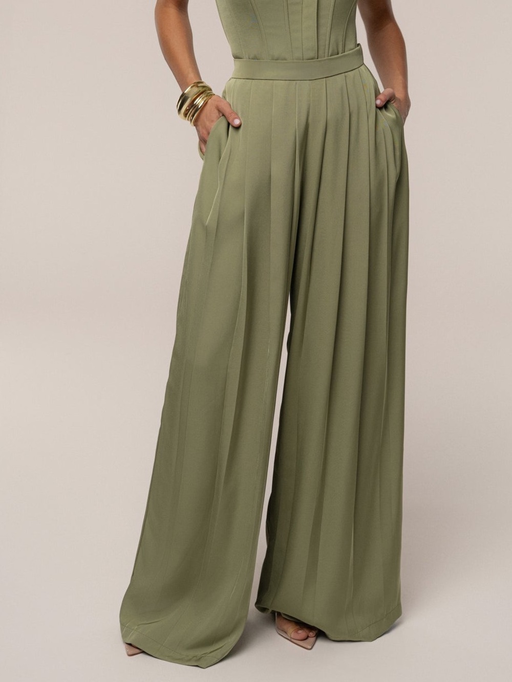 JLUXLABEL Olive Clara Wide Leg Pleated Trousers